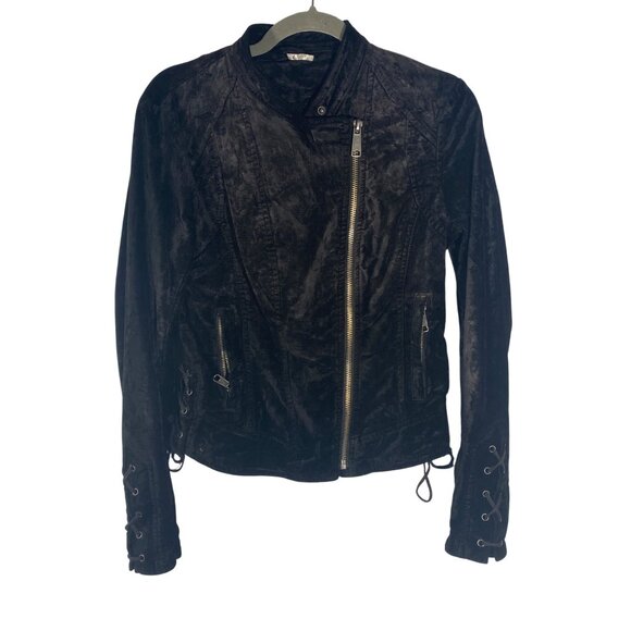 Free People Lacey velvet  jacket Womens XS Black Moto Jacket Lace-Up Details - Picture 6 of 12